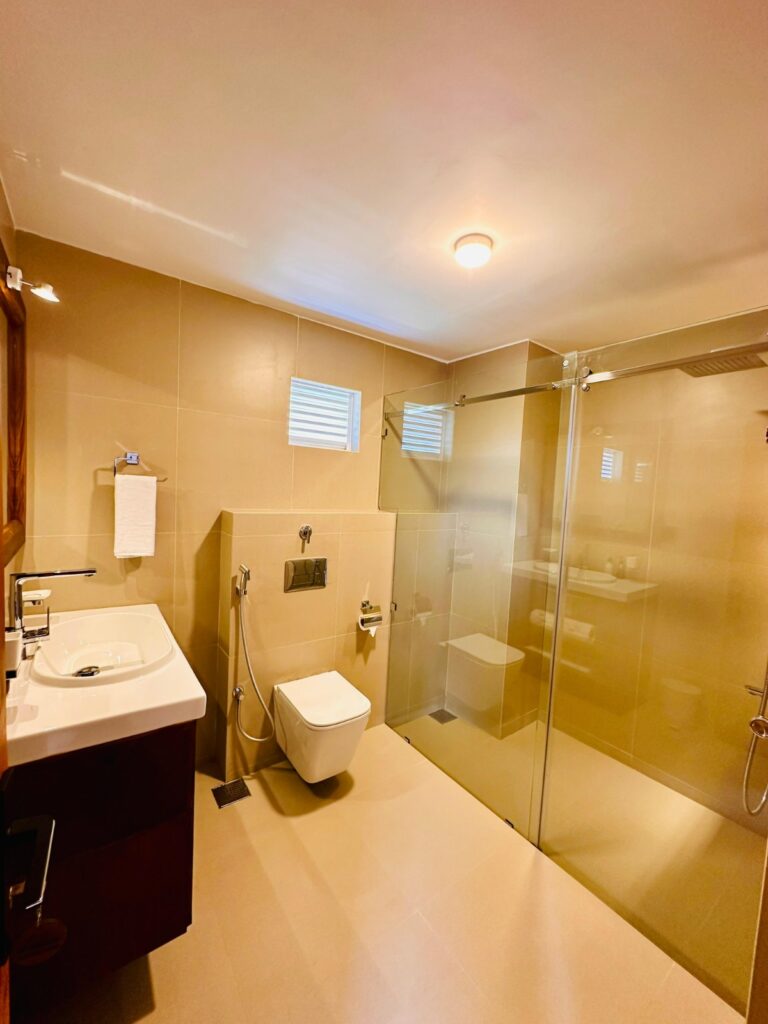 Modern private bathroom with walk-in glass shower